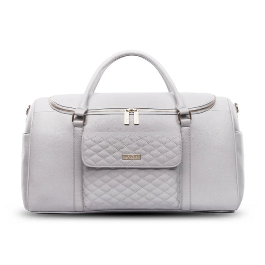Light gray quilted duffel bag on a white background